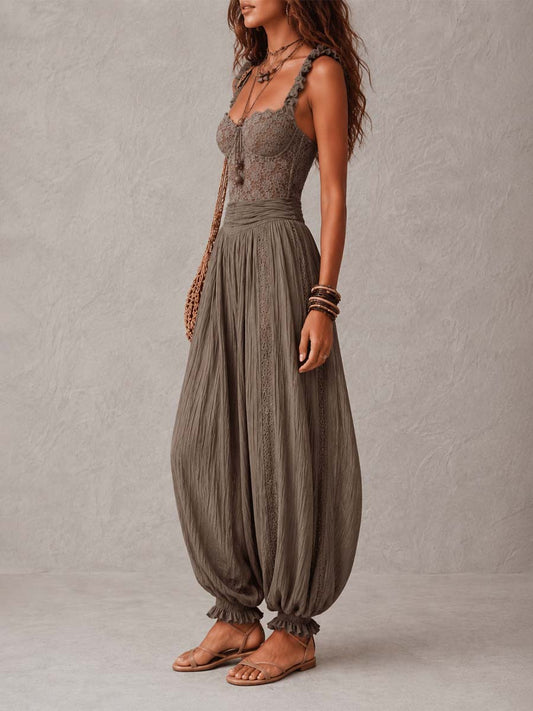 BLANCA | CONJUNTO DE ENCAJE GRIS CON PANTALON HAREM DE ALGODON PLISADOS
