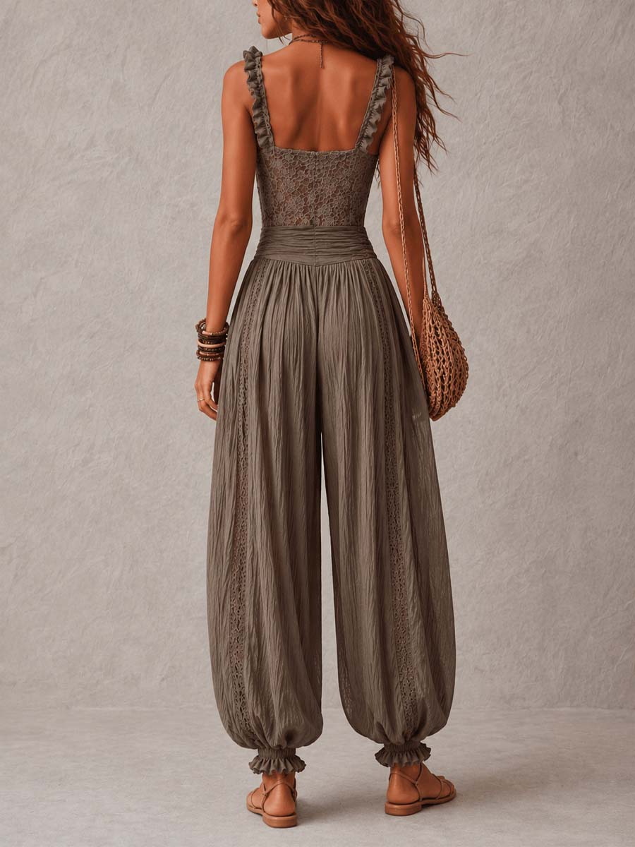 BLANCA | CONJUNTO DE ENCAJE GRIS CON PANTALON HAREM DE ALGODON PLISADOS