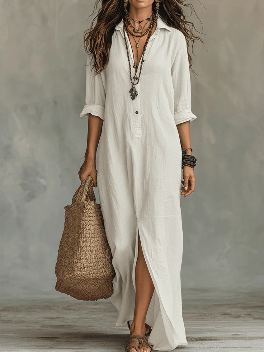 Alessia | Vestido maxi negro suave con botones - Blanco