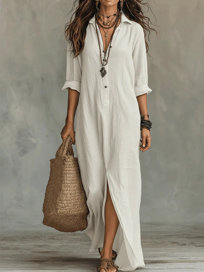 Alessia | Vestido maxi negro suave con botones - Blanco