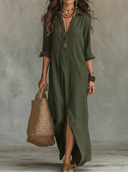 Alessia | Vestido maxi negro suave con botones - Verde