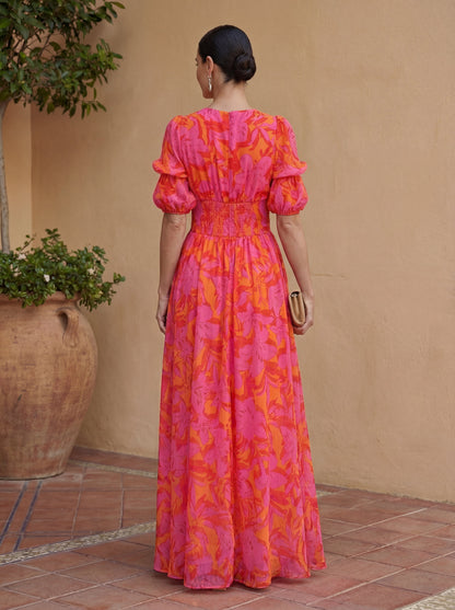 Oliva | Vestido maxi floral con mangas globo y escote en V
