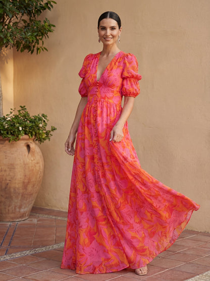 Oliva | Vestido maxi floral con mangas globo y escote en V