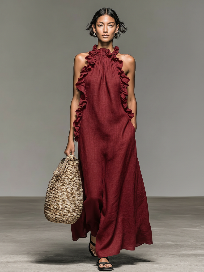 Lora | Vestido maxi con bolsillos - Rojo