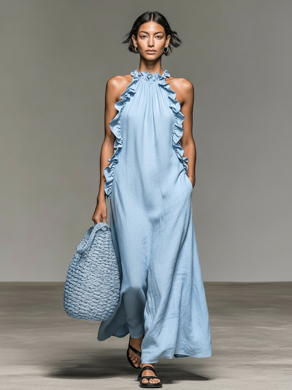 Lora | Vestido maxi con bolsillos - Celeste