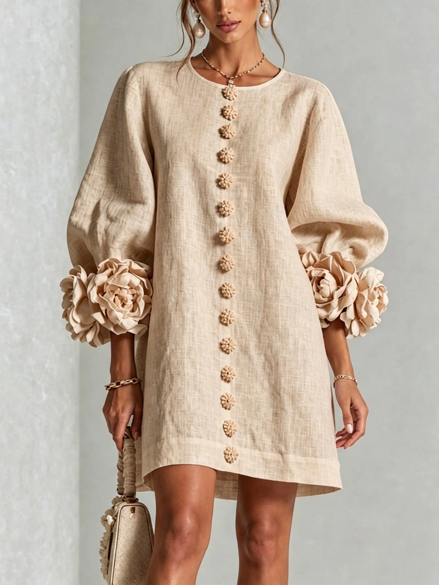 Vestido Floral con Mangas Globo y Escote Redondo - Beige