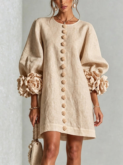 Vestido Floral con Mangas Globo y Escote Redondo - Beige