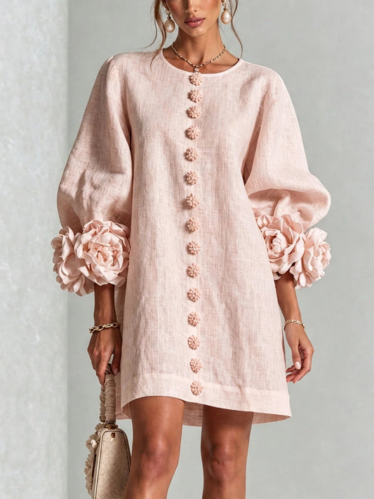 Vestido Floral con Mangas Globo y Escote Redondo - Rosa
