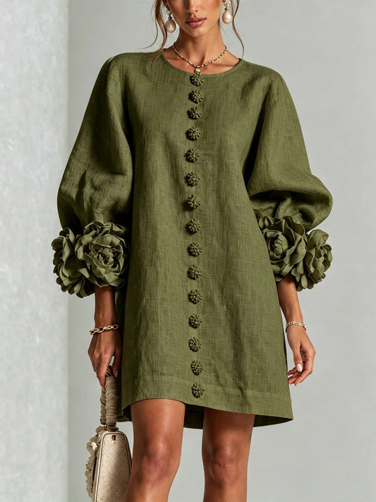 Vestido Floral con Mangas Globo y Escote Redondo - Verde