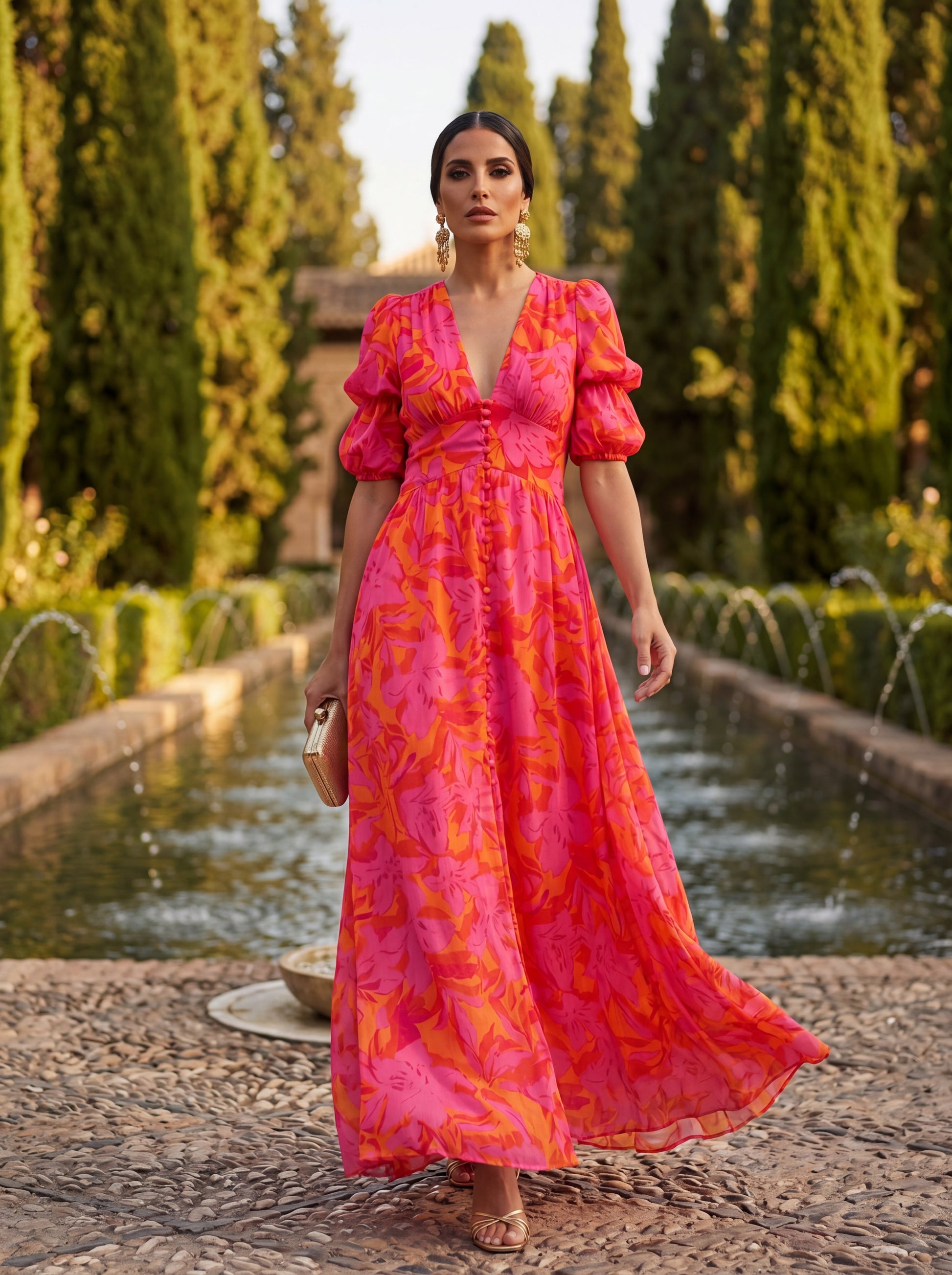 Oliva | Vestido maxi floral con mangas globo y escote en V
