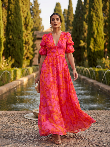 Oliva | Vestido maxi floral con mangas globo y escote en V