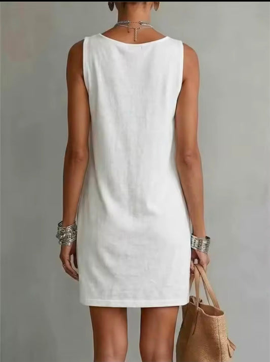 FLORENCIA | VESTIDO CORTO SIN MANGAS CON ESCOTE DRAPEADO Y BOLSILLO