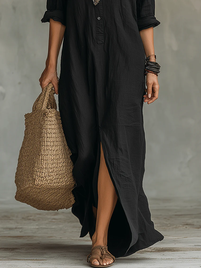 Alessia | Vestido maxi negro suave con botones