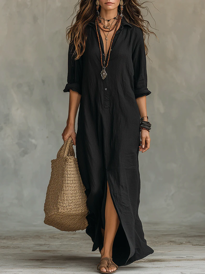 Alessia | Vestido maxi negro suave con botones - Negro