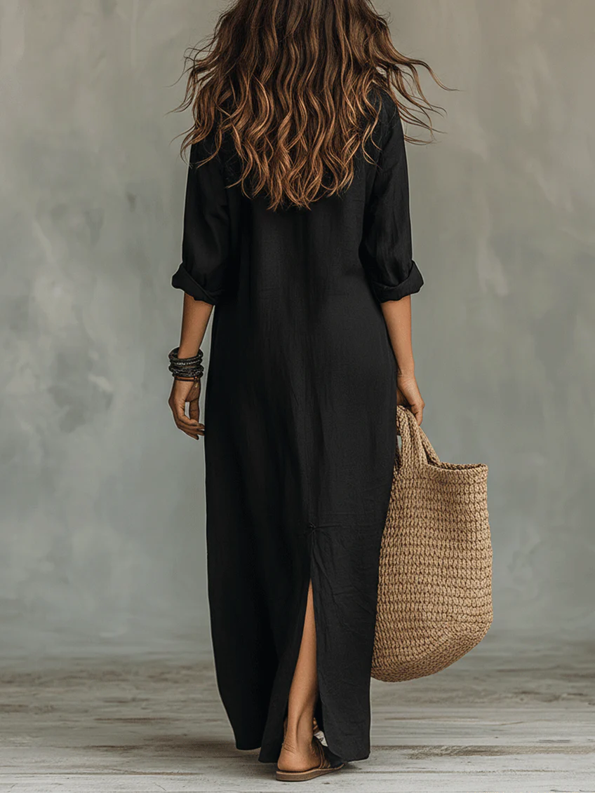 Alessia | Vestido maxi negro suave con botones