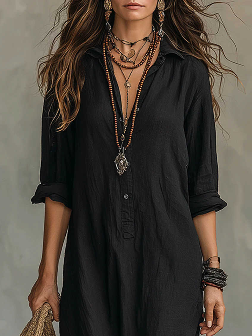 Alessia | Vestido maxi negro suave con botones