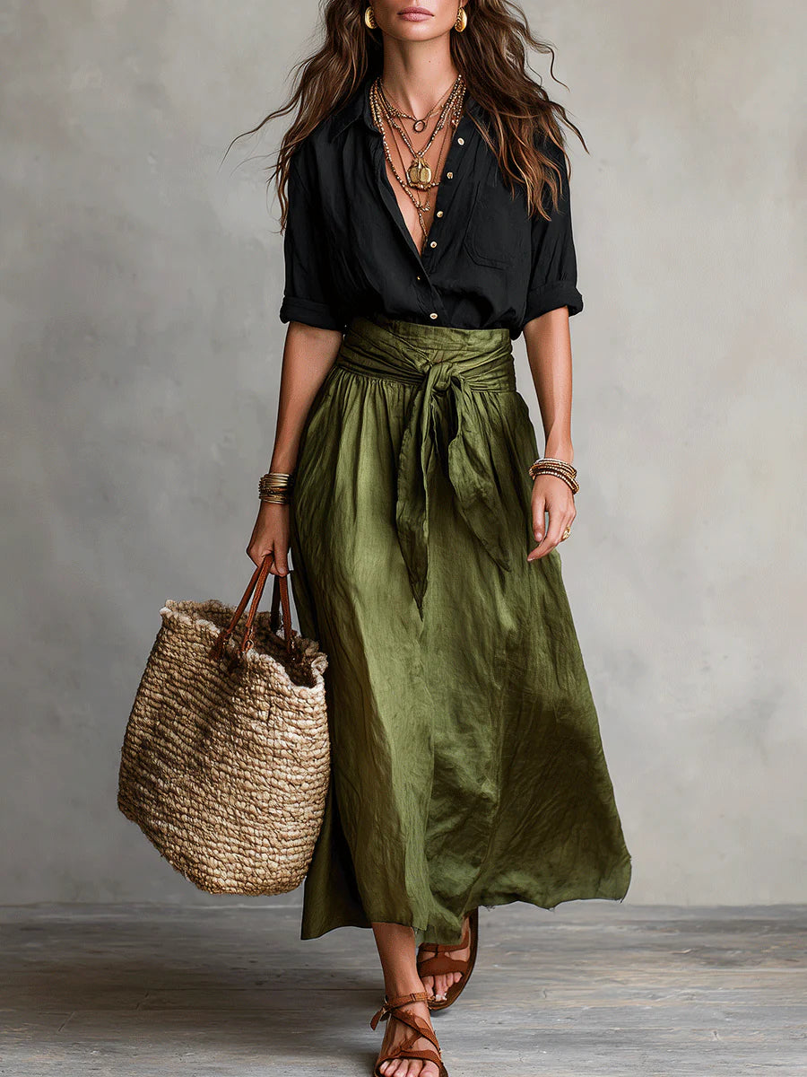 Martina | Vestido maxi monospalla elegante y fluido - Negro/Verde