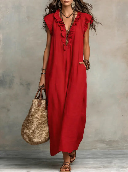 Chiara | Vestido maxi bohemio con escote en V - Rojo