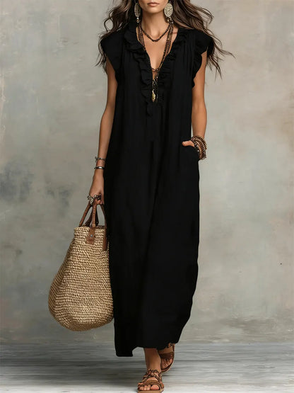 Chiara | Vestido maxi bohemio con escote en V - Negro