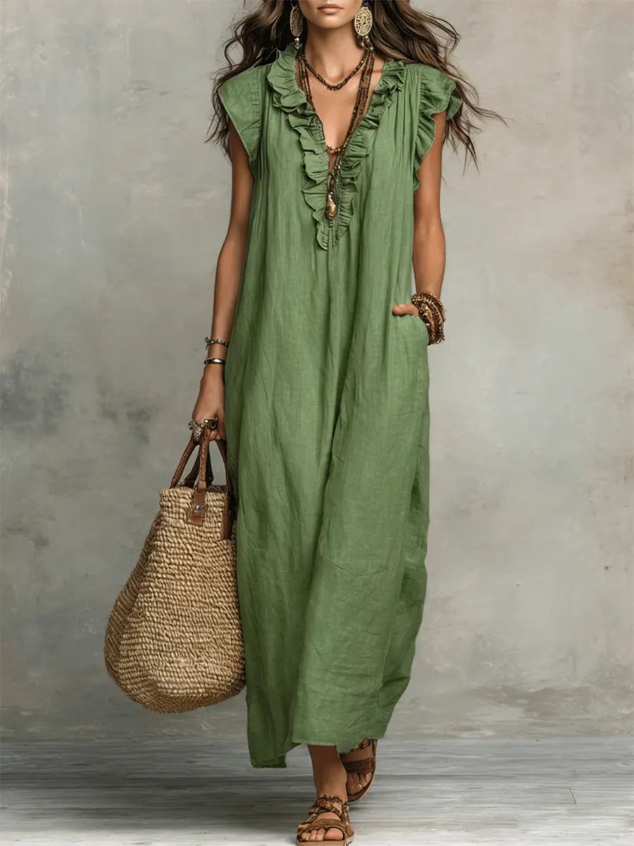 Chiara | Vestido maxi bohemio con escote en V - Verde
