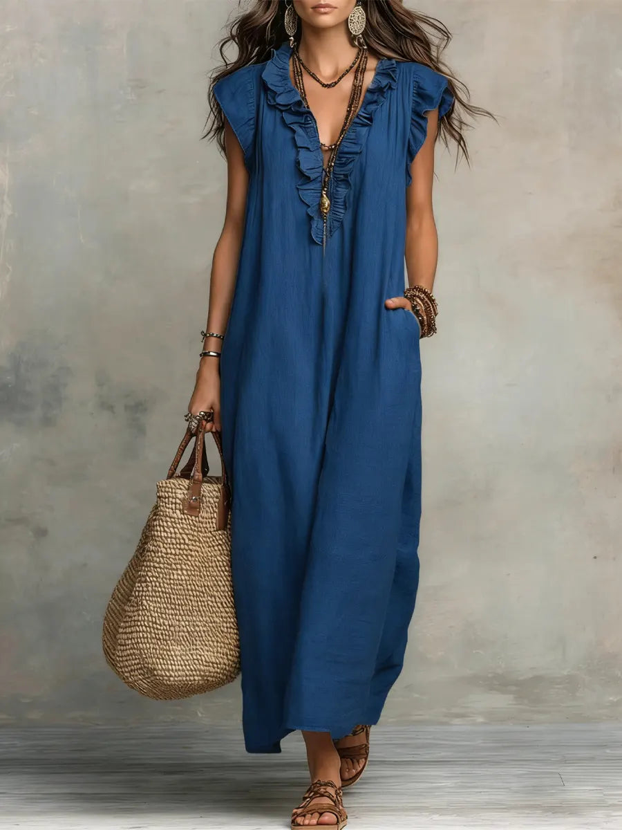 Chiara | Vestido maxi bohemio con escote en V - Azul