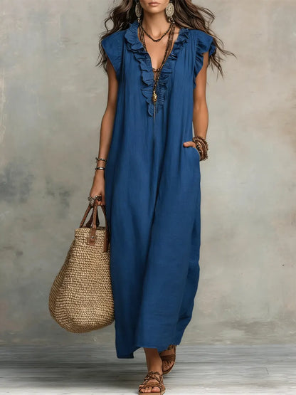 Chiara | Vestido maxi bohemio con escote en V - Azul