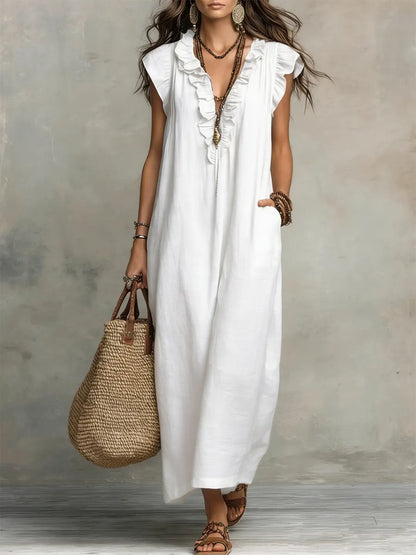 Chiara | Vestido maxi bohemio con escote en V - Blanco