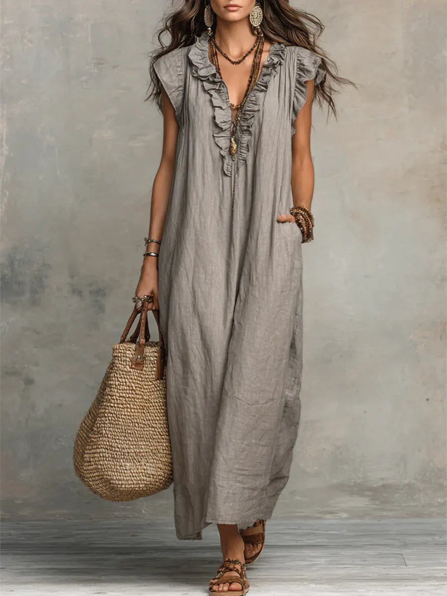 Chiara | Vestido maxi bohemio con escote en V - Gris