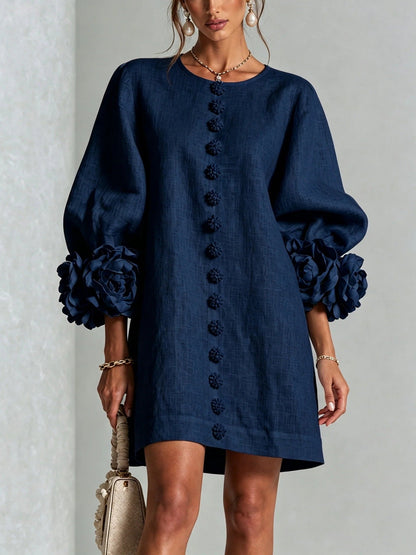 Vestido Floral con Mangas Globo y Escote Redondo - Azul marino