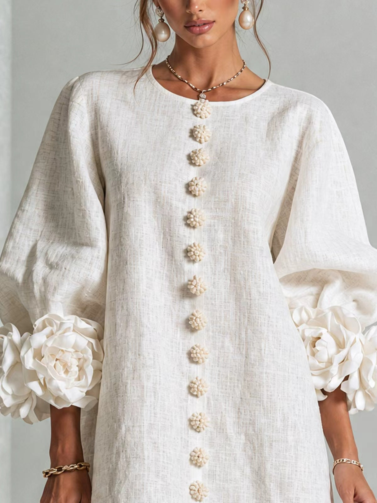 Vestido Floral con Mangas Globo y Escote Redondo