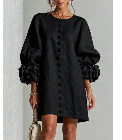 Vestido Floral con Mangas Globo y Escote Redondo - Negro