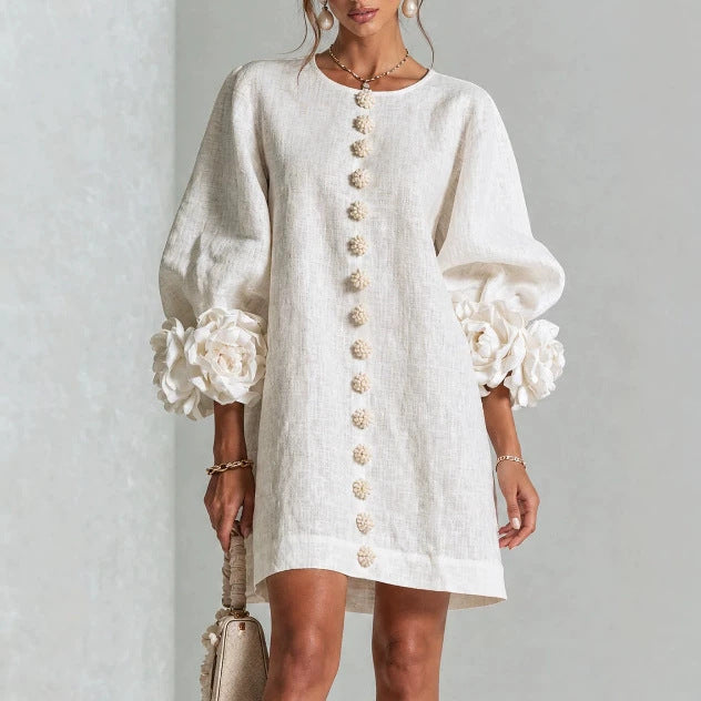 Vestido Floral con Mangas Globo y Escote Redondo - Blanco