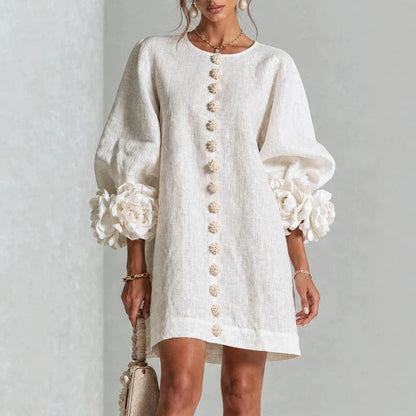 Vestido Floral con Mangas Globo y Escote Redondo - Blanco