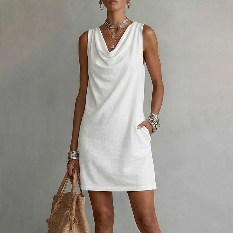FLORENCIA | VESTIDO CORTO SIN MANGAS CON ESCOTE DRAPEADO Y BOLSILLO