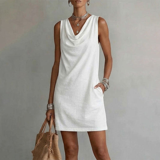FLORENCIA | VESTIDO CORTO SIN MANGAS CON ESCOTE DRAPEADO Y BOLSILLO